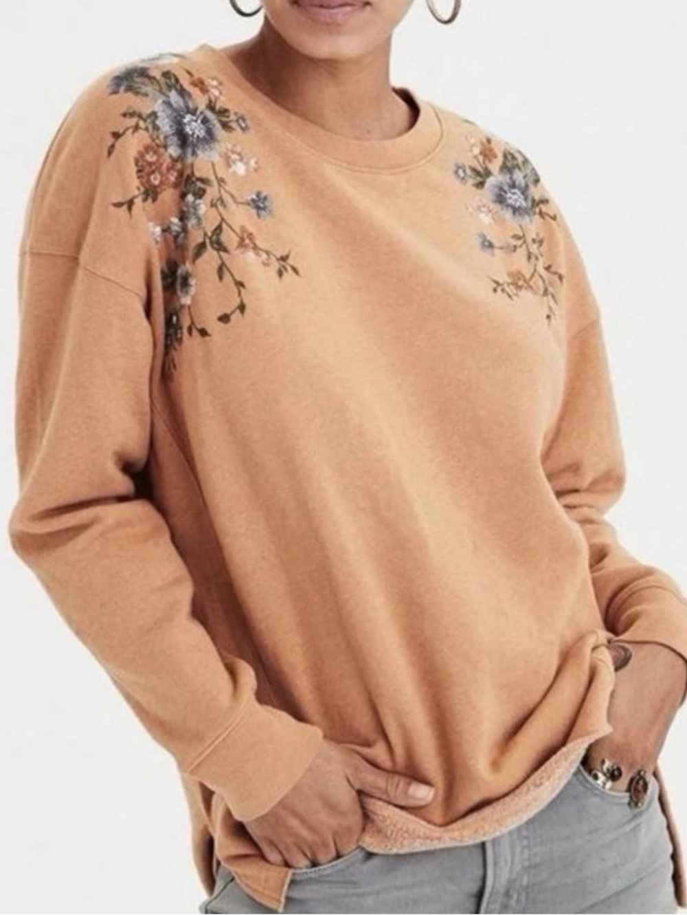 American Eagle Embroidered Flowers Sweatshirt-Golden Tan-Small-Cottagecore-Boho